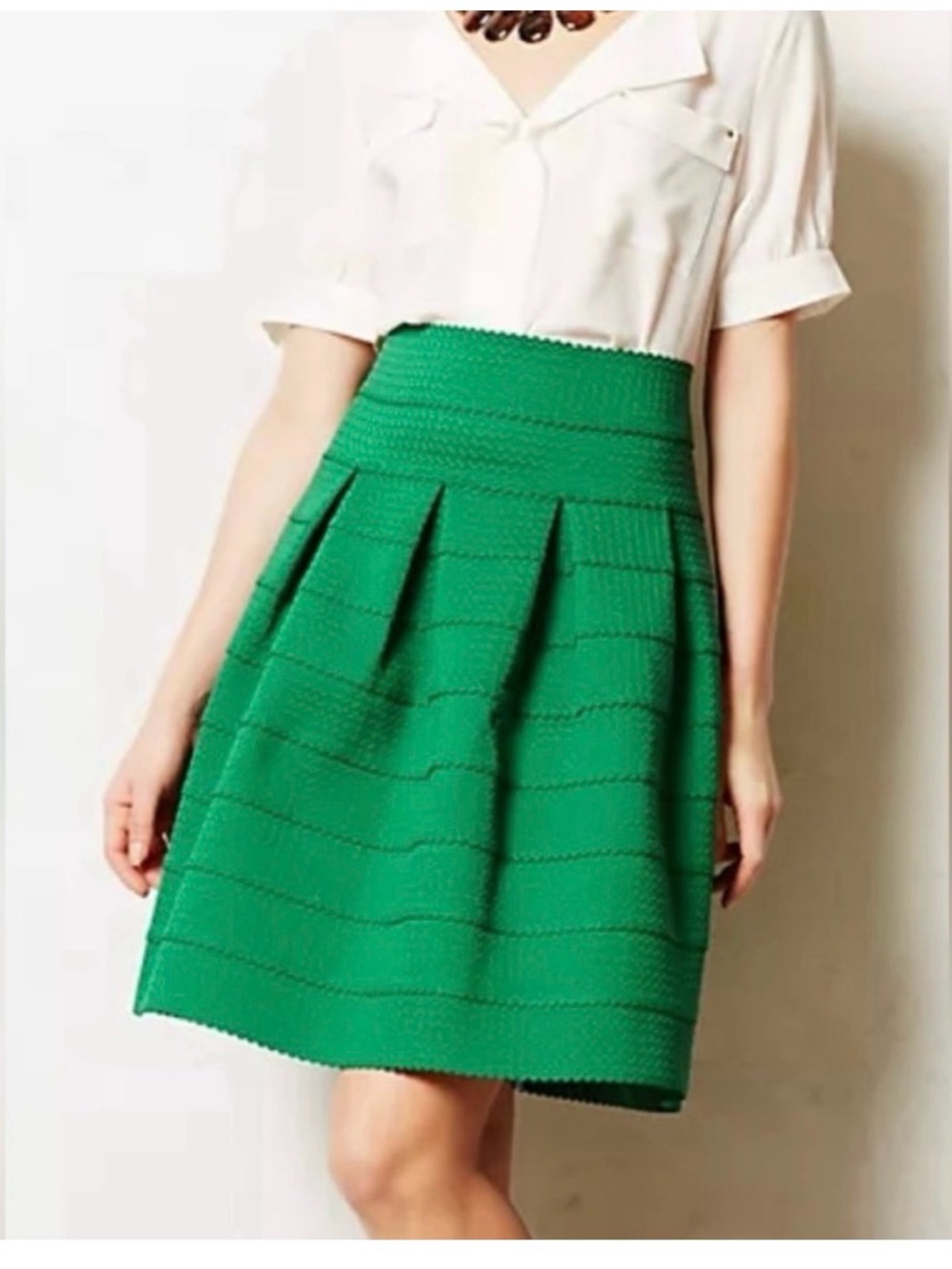 Anthropologie Green Textured Pleated Skirt - Women